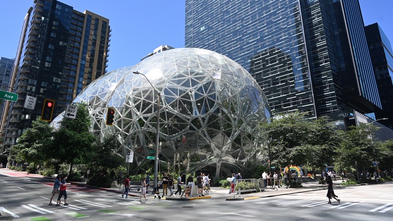 The Spheres nestled among the skyscrapers of Seattle