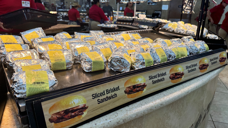 Beef birsket sandwiches lined up at a Buc-ee's gas station