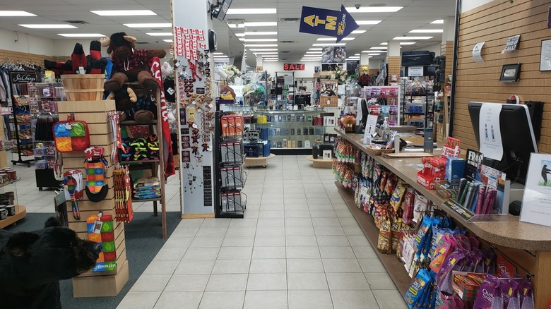 The inside of the duty free store in Coutts, Alberta, with both products and printing services