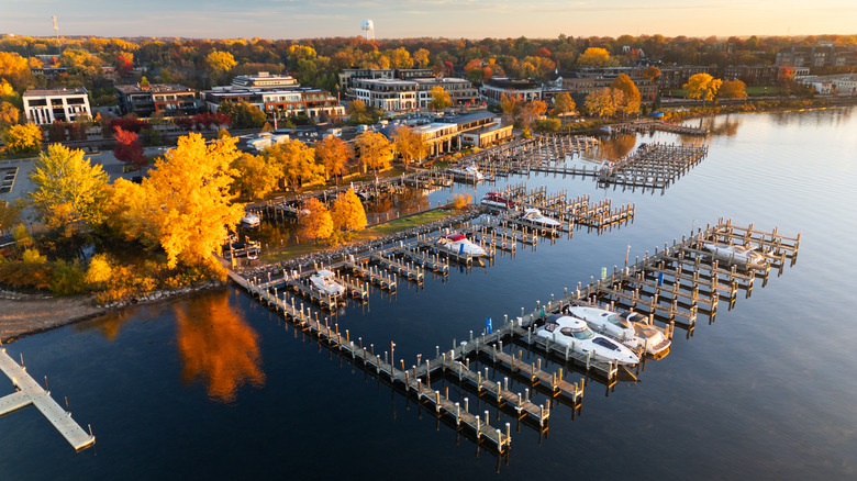 Boats in a marina on a lakeside next to autumn-colored trees