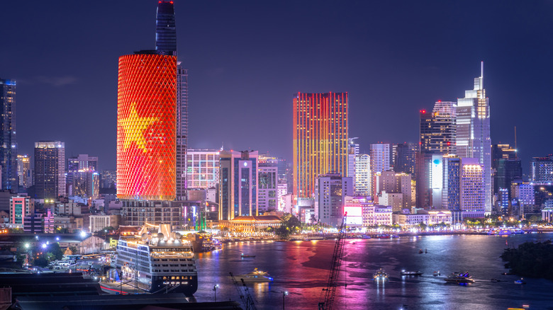 A cruise ship in Vietnam at night