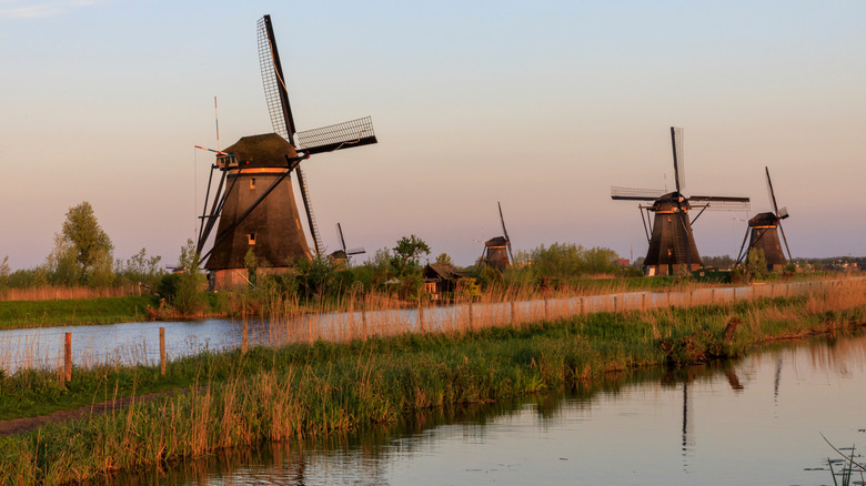 Windmills at Kinderdijk in the Netherlands during sunset