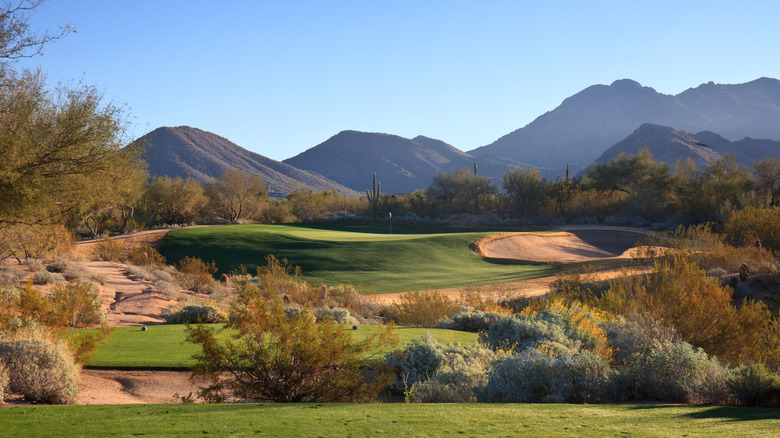 A golf course in Scottsdale, Arizona, with mountains in distance