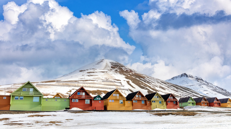 Colorful houses and glaciers in Longyearbyen on the island Spitsbergen, Norway