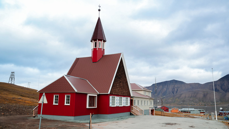Red wooden church in Longyearbyen, Spitsbergen