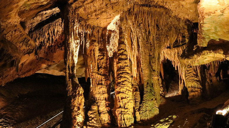 Dripping stalactites from cave ceiling