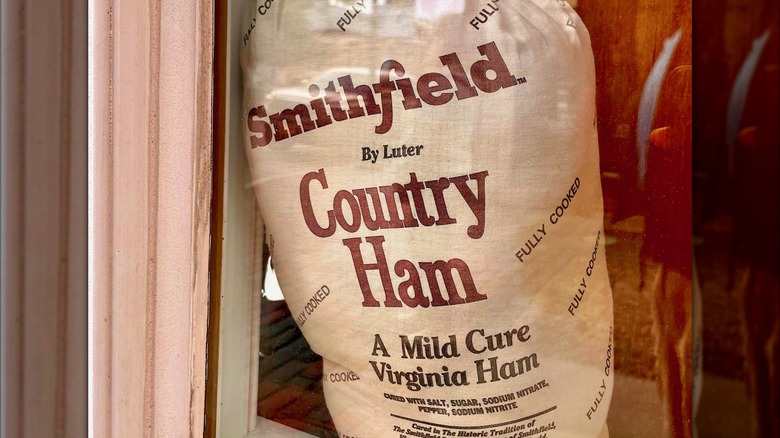 A giant Smithfield country ham in a window of a store in Virginia
