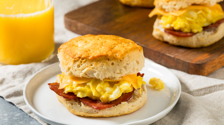 Bacon, egg, and cheese sandwich on a biscuit
