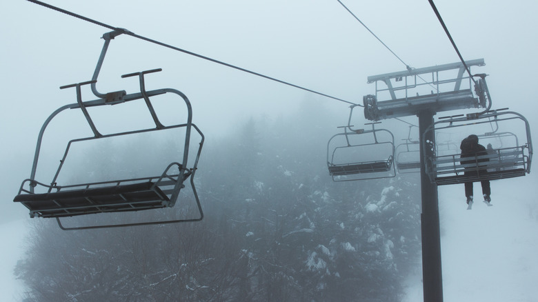 A ski lift on a snowy day at Gore Mountain in the Adirondacks
