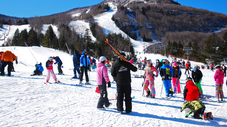 A group of skiers prepare themselves to take on the mountain ski slopes at Hunter, New York