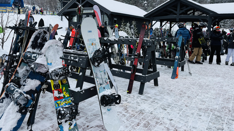 Snowboards taking a rest on Windham Mountain