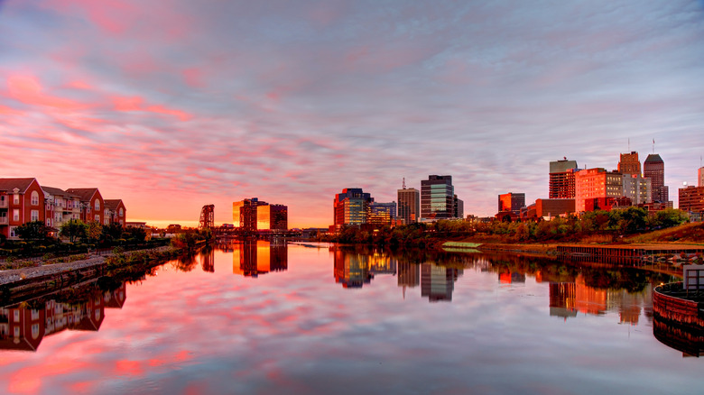 A view of Newark from the water at sunset