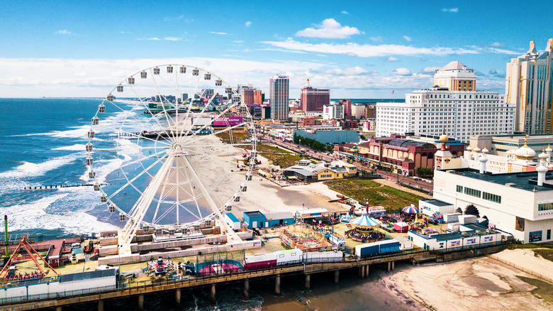 An aerial view of Atlantic City with the boardwalk in the foreground