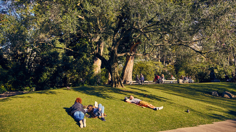 Lisbon tourists relaxing under the sun in a park