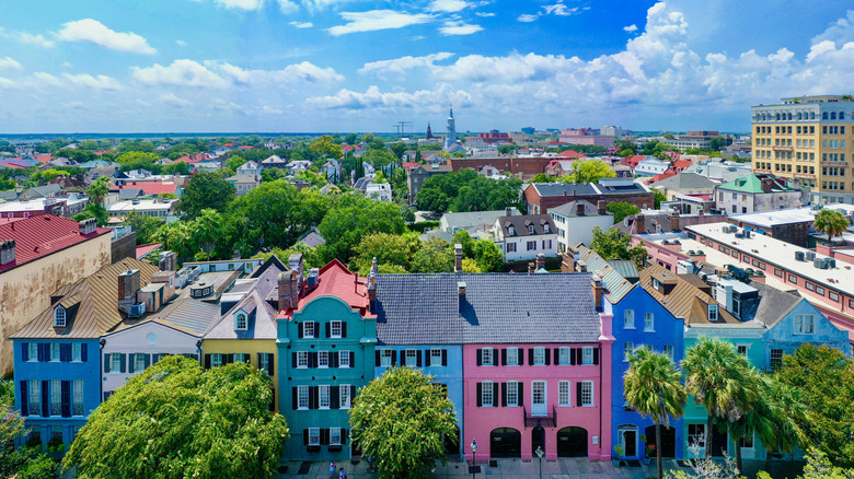 An elevated view of Rainbow Row, South Carolina