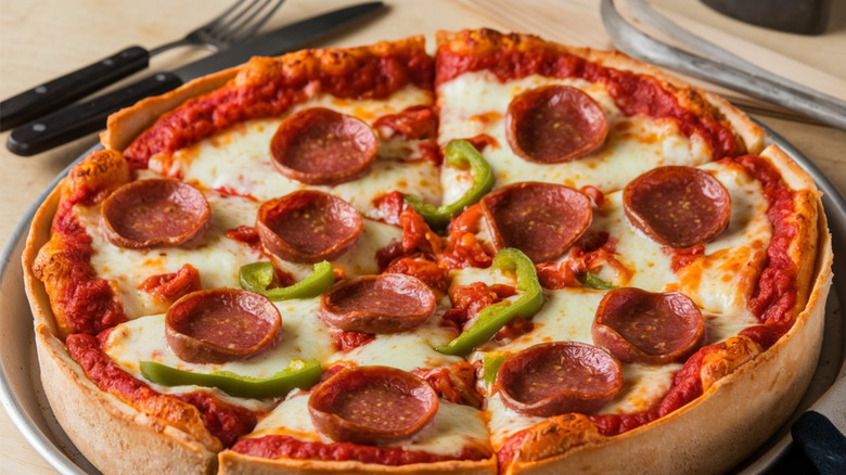 Chicago deep dish pizza with pepperoni and peppers