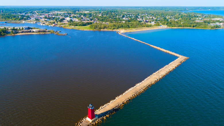 Overhead view of Manistique boardwalk, breakwater lighthouse and town.