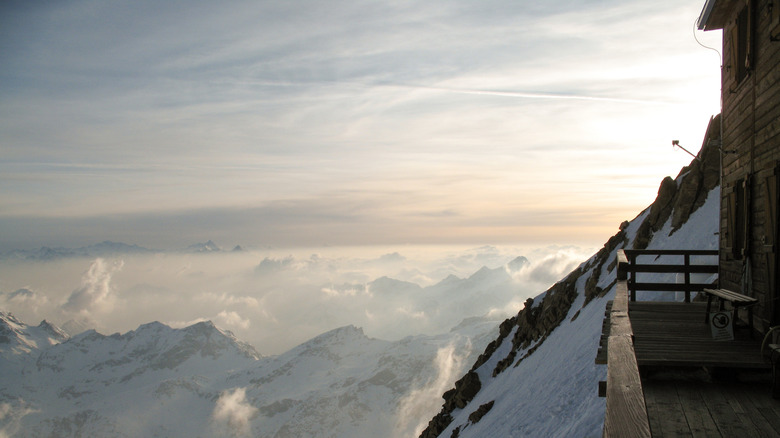Balcony of the Regina Margherita mountain hut overlooking the Italian Alps