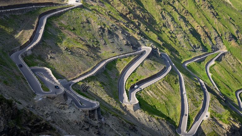 Aerial view of the hairpin turns on Stelvio Pass