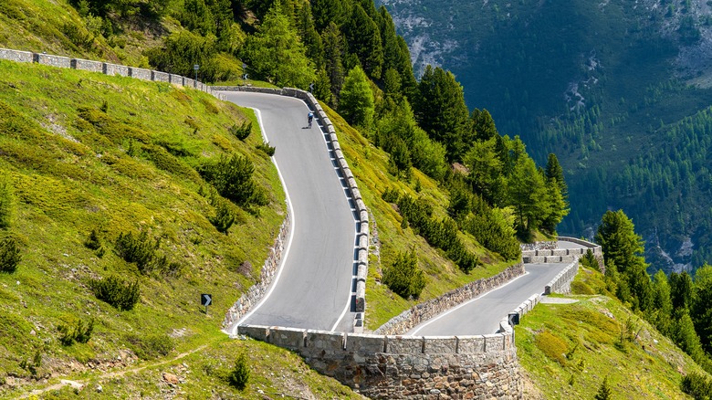 A cyclist works their way up the Stelvio Pass on a clear summer day.