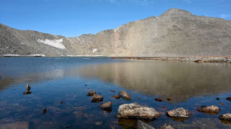 A close-up of the shore of Pacific Tarn on a bright day in Colorado