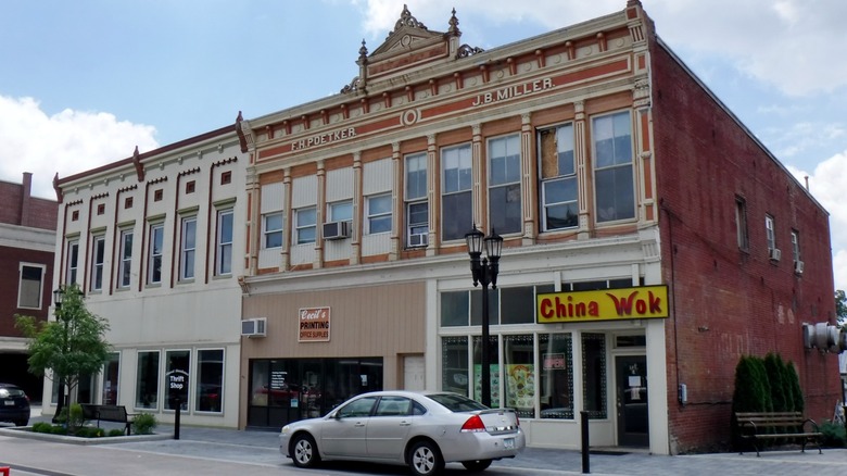 Charming old buildings in the historic downtown of Huntingburg, IN