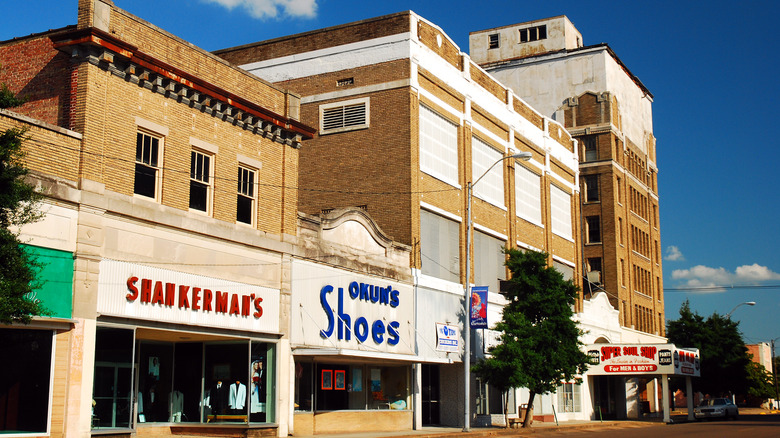 Clarksdale storefronts on a sunny day