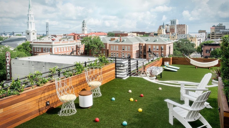 The rooftop lawn at the Perry Lane Hotel