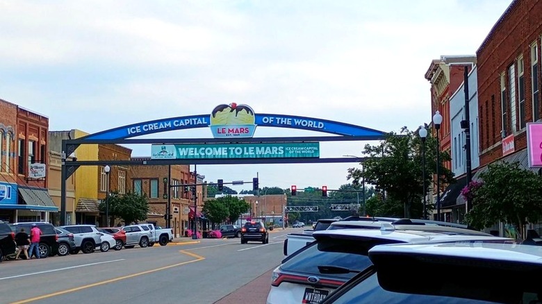 The welcome sign in charming, downtown Le Mars, Iowa