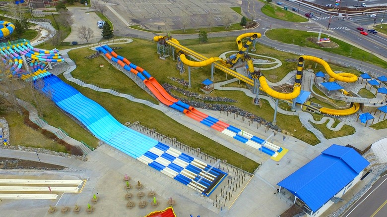 Colorful and snaking slides at Water World in Federal Heights, Colorado