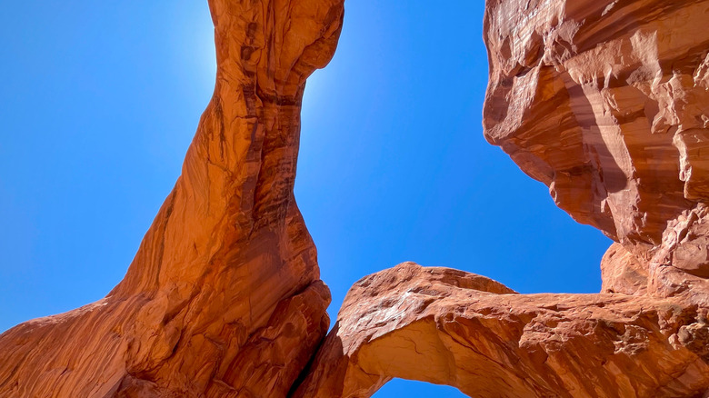 Rock formations in Arches National Park in August sun