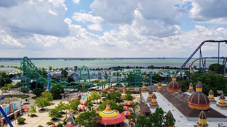 An aerial view of the rides at Cedar Point