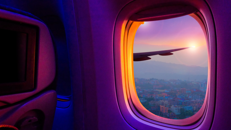 Sunset view out of an airplane window