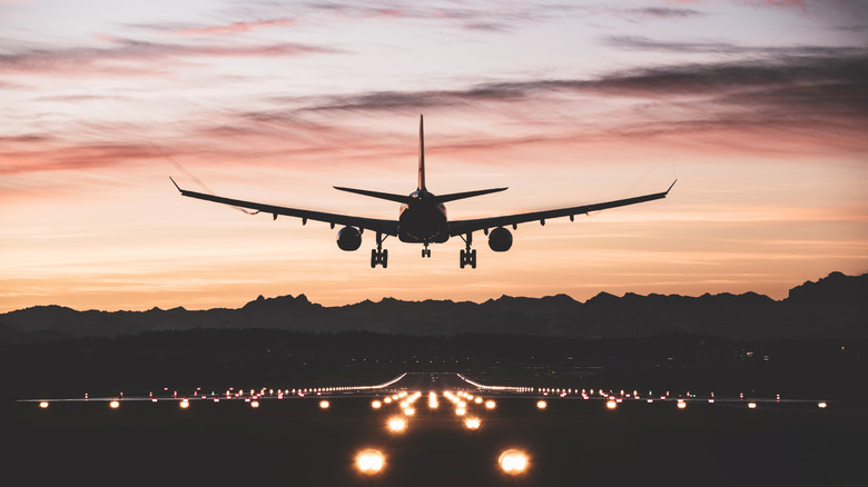 Plane landing near sunset
