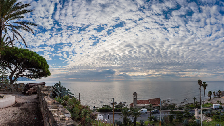 The Mediterranean coast with remains of ancient fortress in Bordighera, Italy