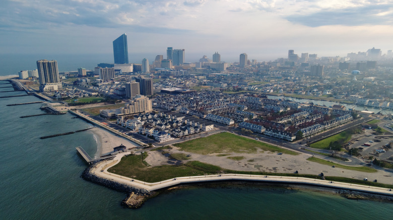 An aerial view of Atlantic City's coastline with buildings in the distance