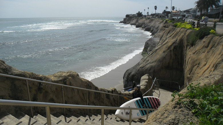 A surfer carries a surfboard down cement stairs into the water in Pleasure Point, California.