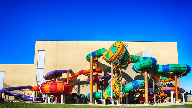 Slides next to building of Kalahari Indoor Water Park