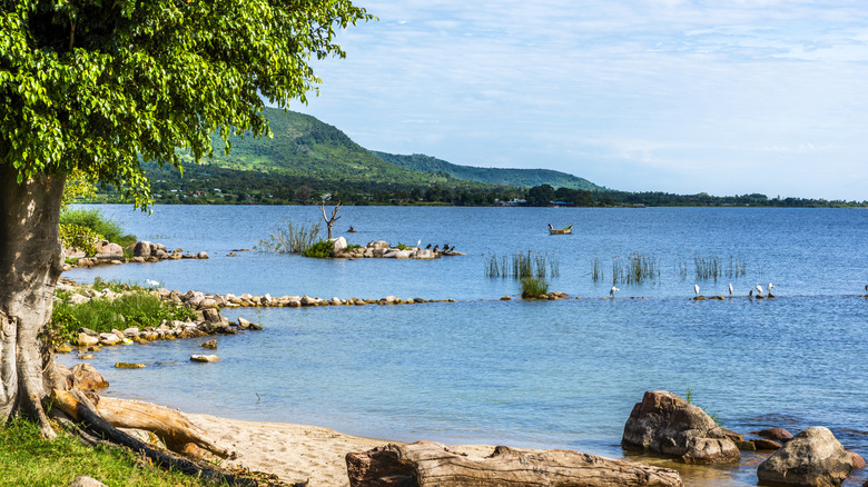 Hills descend to Mfangano Island shore on Lake Victoria in Kenya