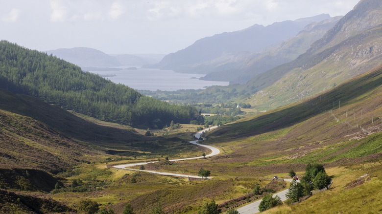 A road weaves down to meet the shoes of Loch Maree