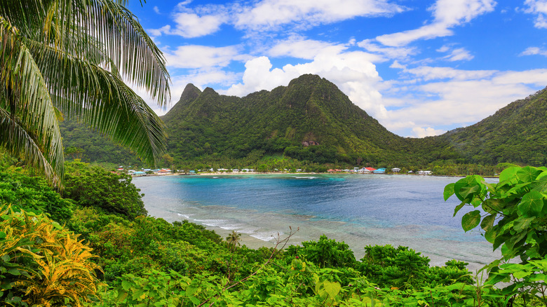 Lagoon surrounded by shrubs and volcanic mountains in Pago Pago