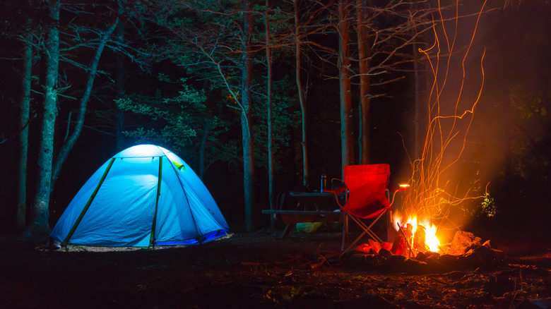 Blue tent lit up with a fire pit and trees all around