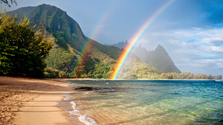 Double rainbow on a beach in Kauai