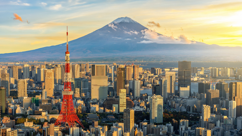 Tokyo skyline with Mount Fuji in the background during sunset