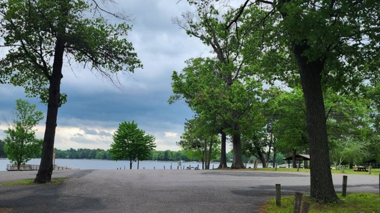 The boat launch area surrounded by trees at Crooked Lake Park in Siren, Wisconsin