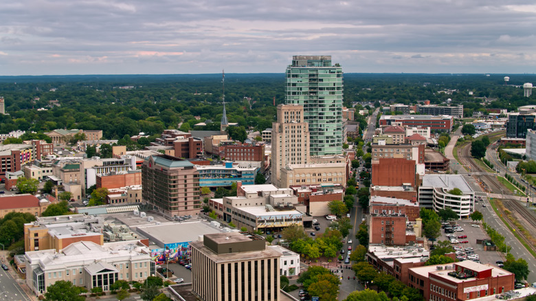 Aerial view of Durham, North Carolina buildings and scenery.