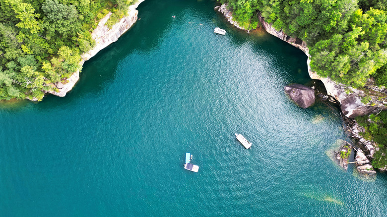 Aerial view looking down on boats in Summersfield Lake, West Virginia