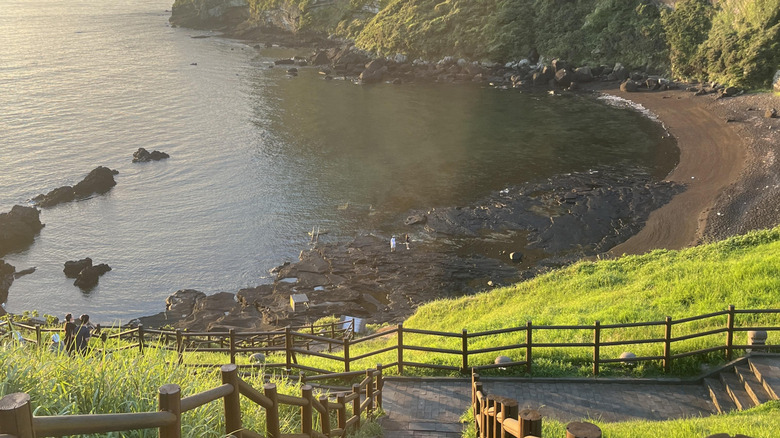 A walkway down to a cove on the island of Jeju in south Korea