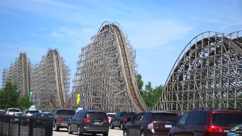 The wooden hills of Michigan's Adventure's Shivering Timbers roller coaster