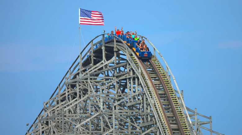 Coaster car at the top of a hill of Michigan's Adventure's Shivering Timbers